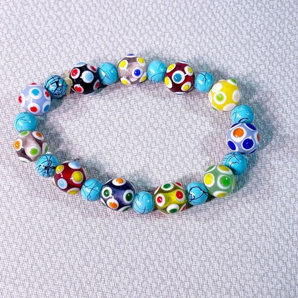 Multicolored Lamp Work Beaded Bracelet 6” And Choose Joy Metal Bracelet Adjustab - Picture 3 of 6